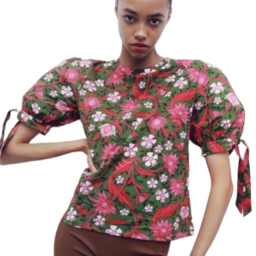 Zara Pink & Green Floral Cotton Bow Tie Puff Short Sleeve Cropped Top - M